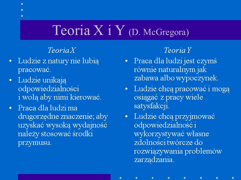 Teoria X i Y (D. McGregora) Teoria X Ludzie z natury nie lubią pracować.